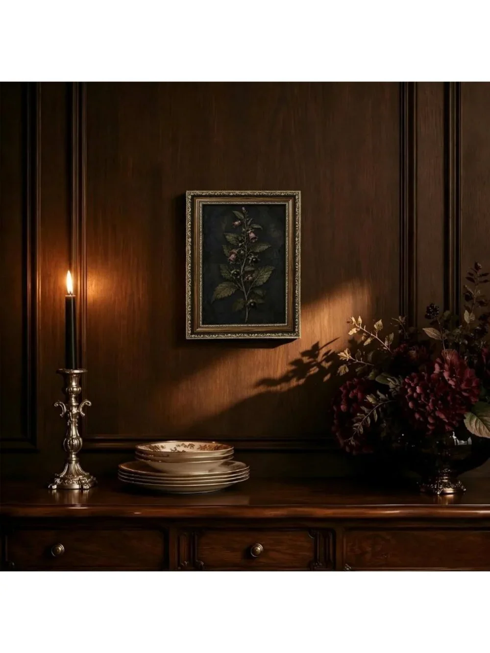 Moody Floral Wall Art - Vintage Gold Framed Dark Botanical Decor for Home